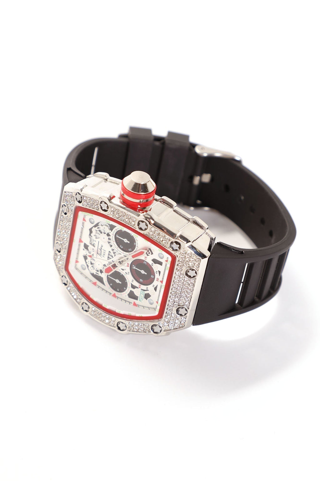 A luxury watch with a silver-tone case encrusted with clear stones, a white dial with red accents, and a black rubber strap, shown on a white background.
