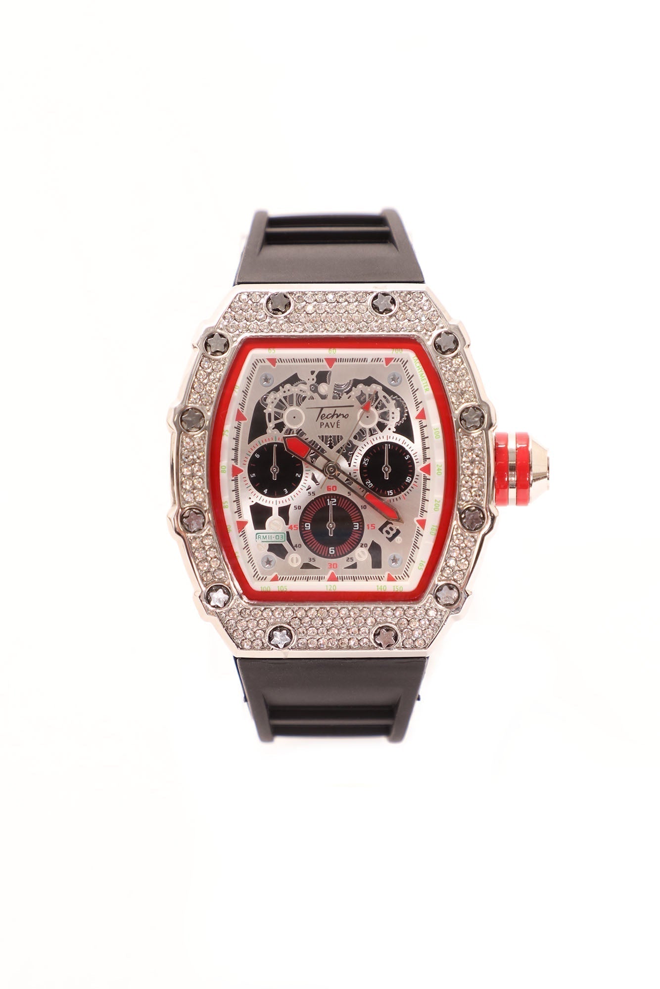 A luxury wristwatch with a silver-tone rectangular case encrusted with clear stones, featuring a skeleton dial with red accents and a black rubber strap, shown against a plain white background.