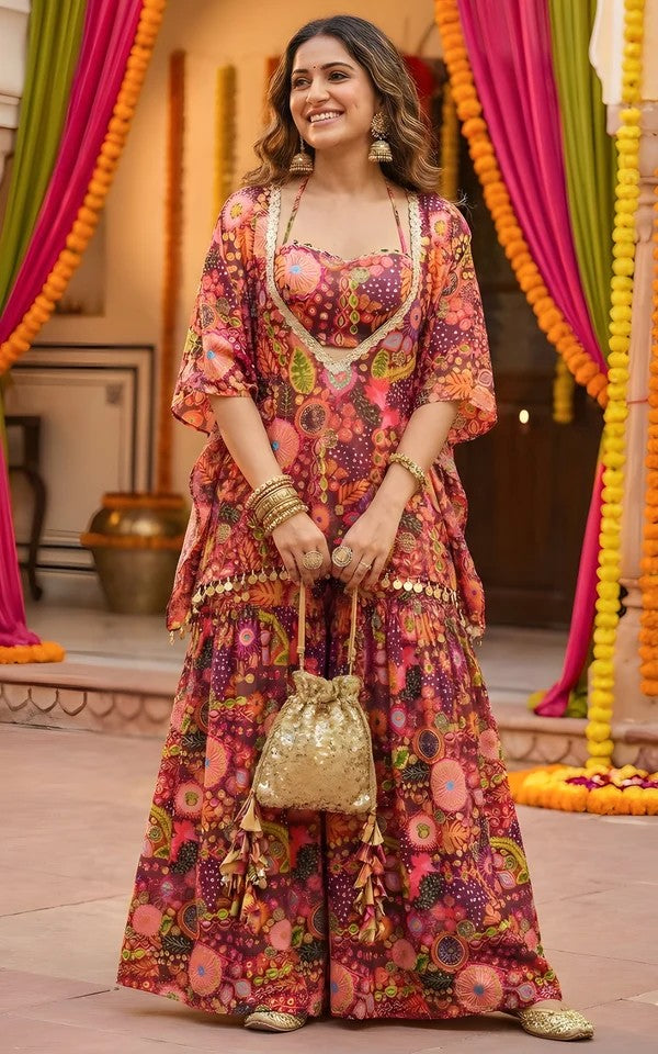 Bohemian Digital Print Kaftan, Crop Top & Sharara Set