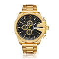 Gold wristwatch with a black dial on a white background