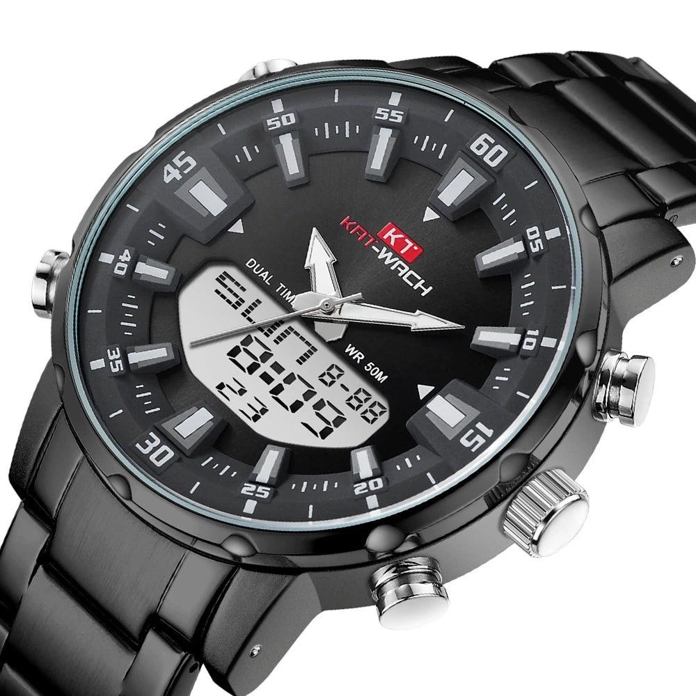 A black stainless steel dual analog-digital wrist watch with a matching black link bracelet, featuring a black dial with silver-tone hands, white hour markers, and a digital display window.