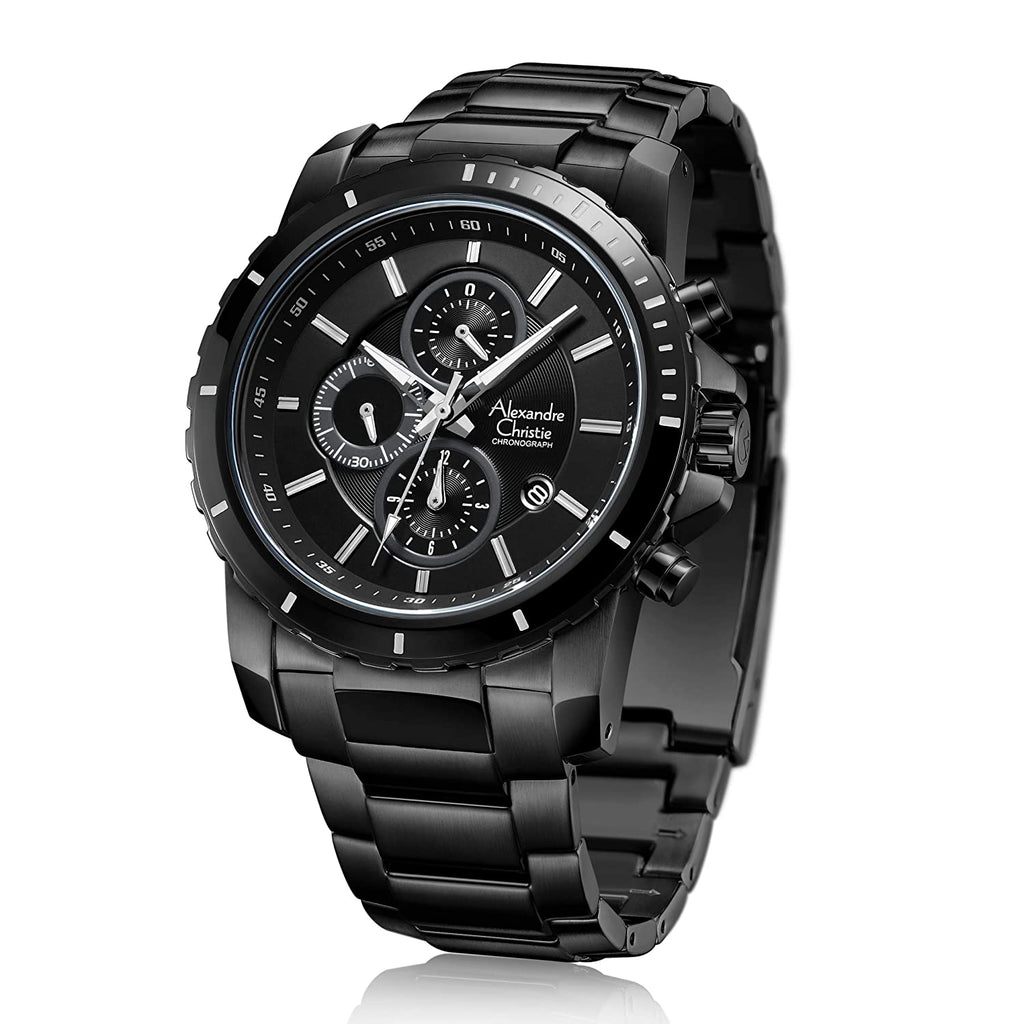 Black wristwatch with detailed face on a white background