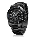 Black wristwatch with detailed face on a white background
