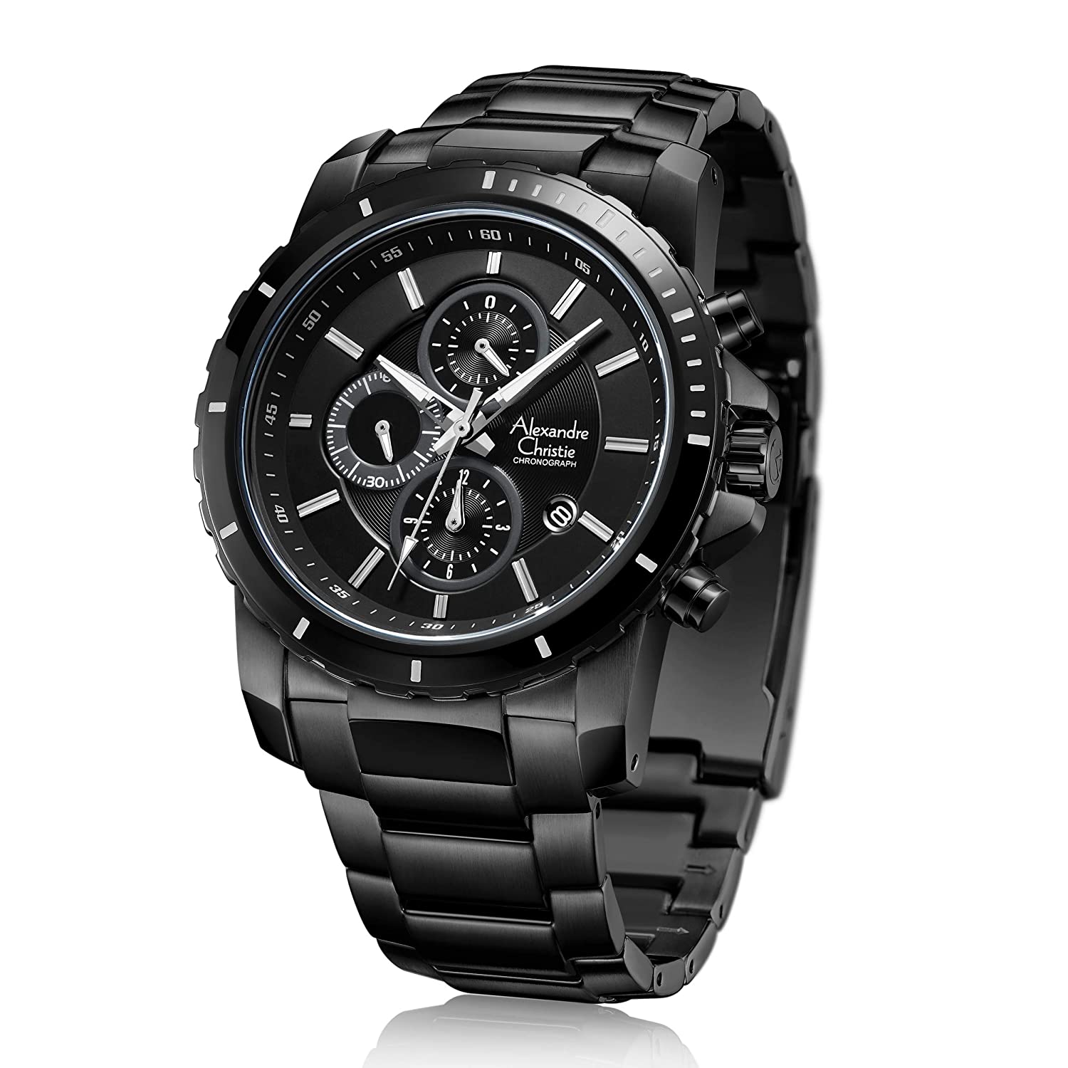 Black wristwatch with detailed face on a white background
