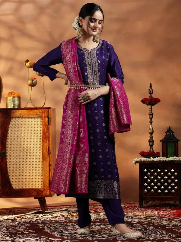 Women Violet Embroidered Art Silk Kurta Set