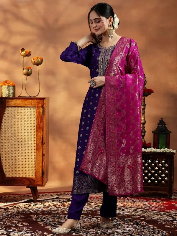 Women Violet Embroidered Art Silk Kurta Set