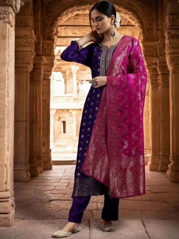 Women Violet Embroidered Art Silk Kurta Set