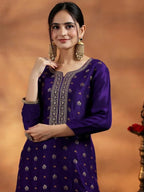 Women Violet Embroidered Art Silk Kurta Set