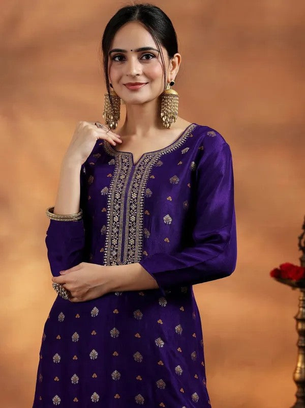 Women Violet Embroidered Art Silk Kurta Set