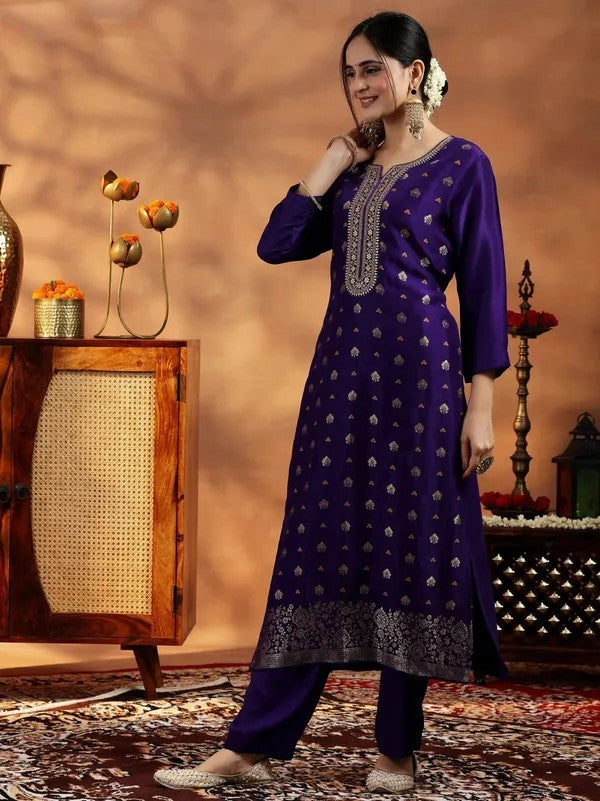 Women Violet Embroidered Art Silk Kurta Set