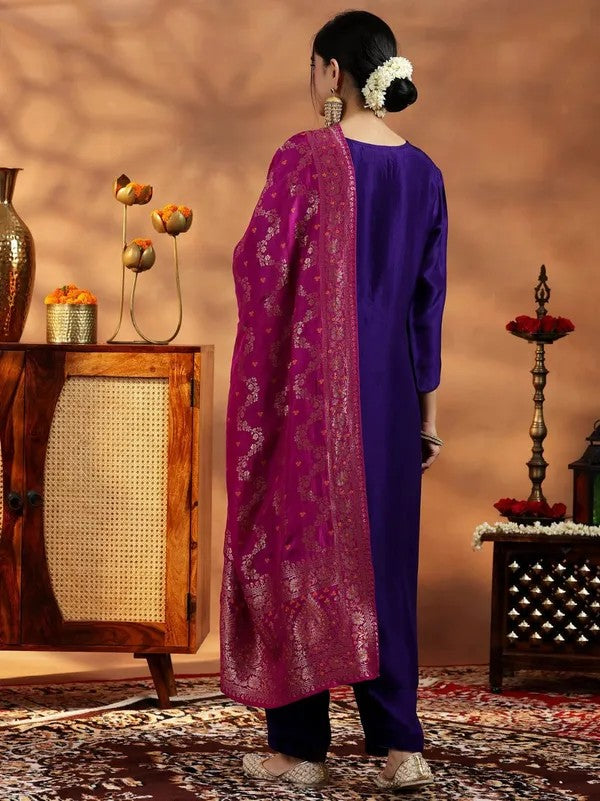 Women Violet Embroidered Art Silk Kurta Set