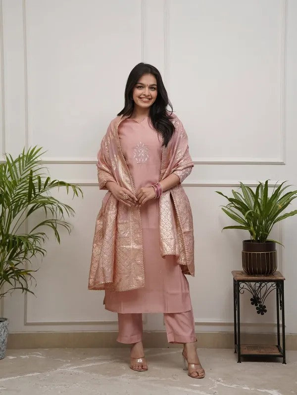 Women Elegant Blush Pink Embroidered Suit with Dupatta Set