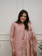 Women Elegant Blush Pink Embroidered Suit with Dupatta Set