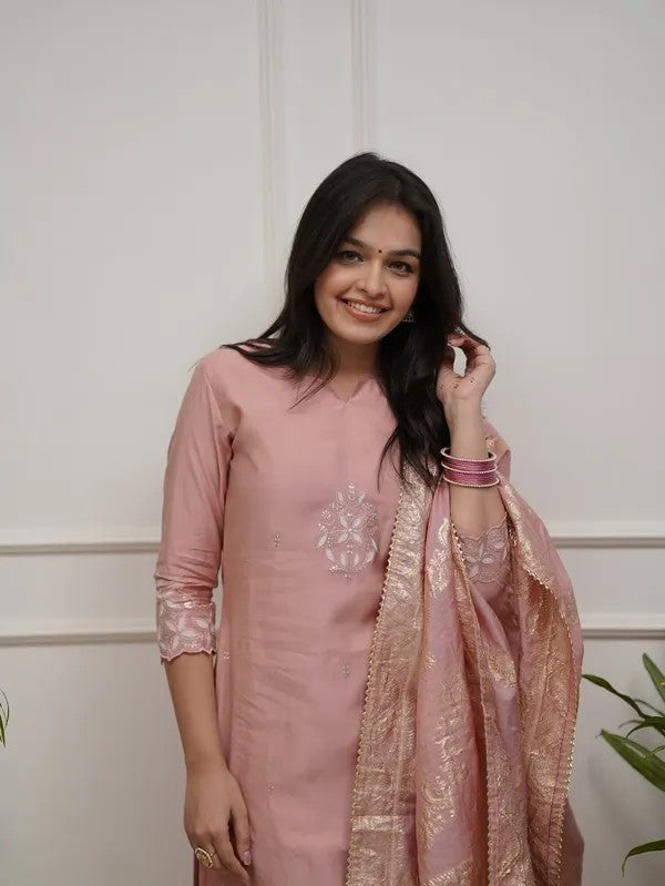 Women Elegant Blush Pink Embroidered Suit with Dupatta Set