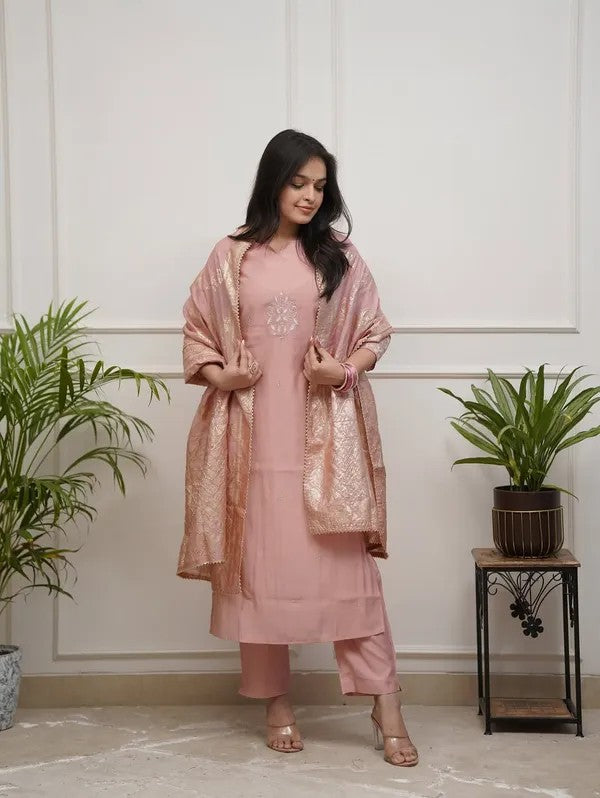 Women Elegant Blush Pink Embroidered Suit with Dupatta Set