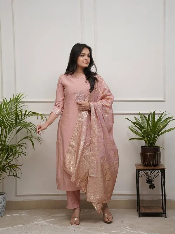 Women Elegant Blush Pink Embroidered Suit with Dupatta Set