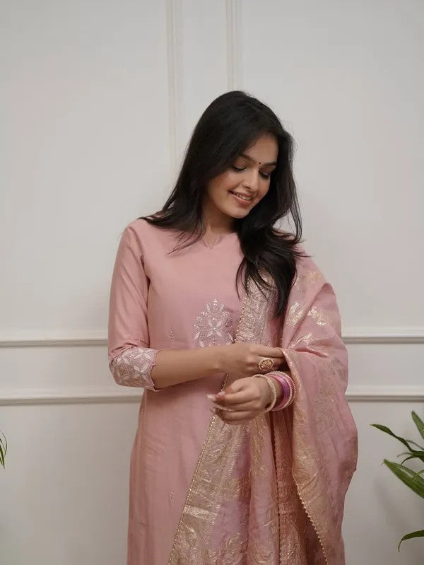 Women Elegant Blush Pink Embroidered Suit with Dupatta Set