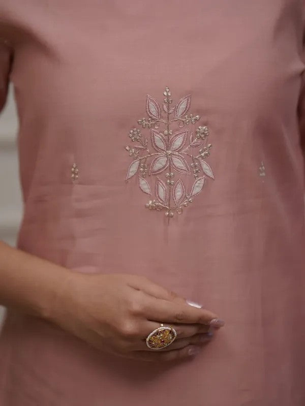 Women Elegant Blush Pink Embroidered Suit with Dupatta Set