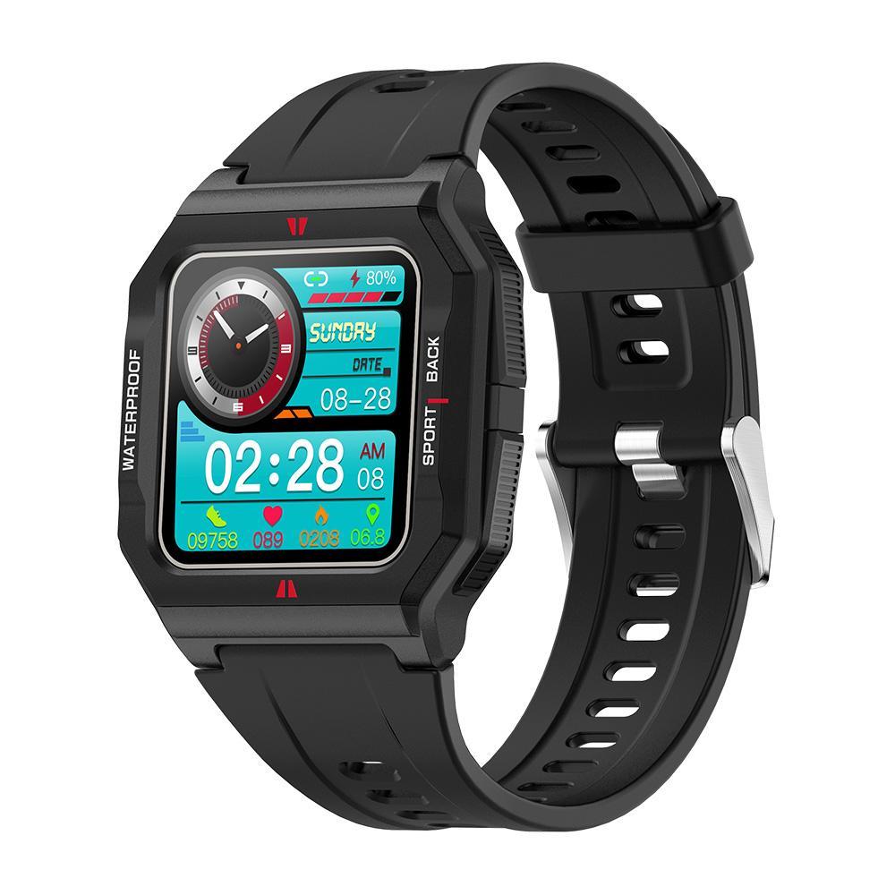 Black smartwatch with a colorful display on a white background