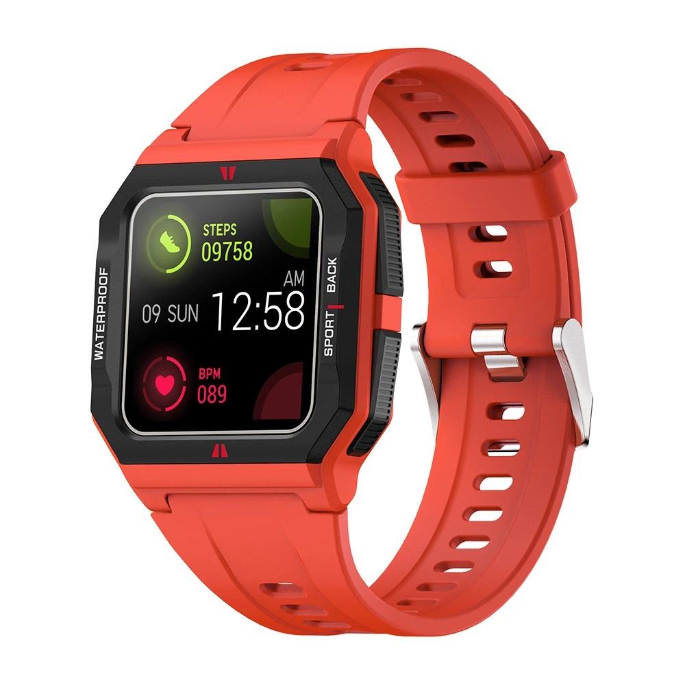 Red smartwatch with a digital display on a white background