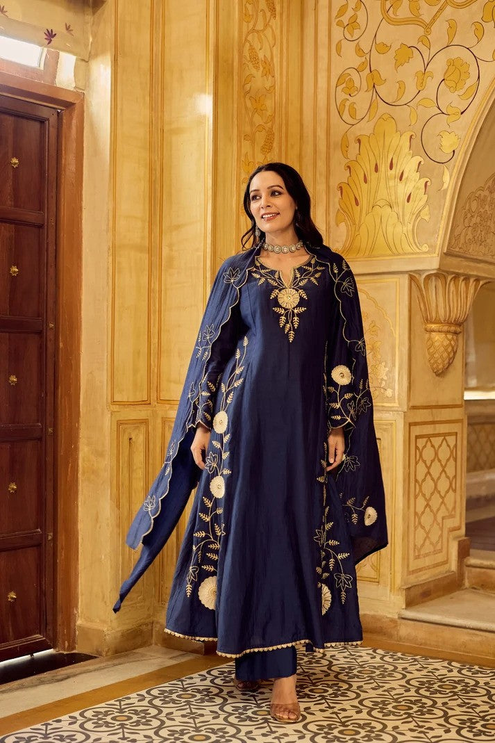 Women Royal Chanderi Anarkali Set - Regal Navy