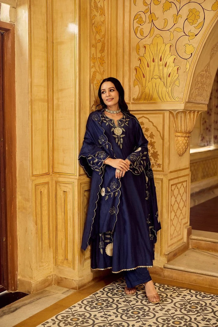 Women Royal Chanderi Anarkali Set - Regal Navy