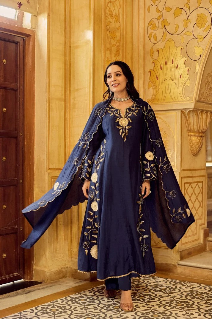 Women Royal Chanderi Anarkali Set - Regal Navy