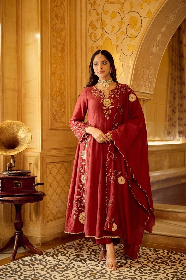 Women Royal Chanderi Anarkali Set - Crimson Red