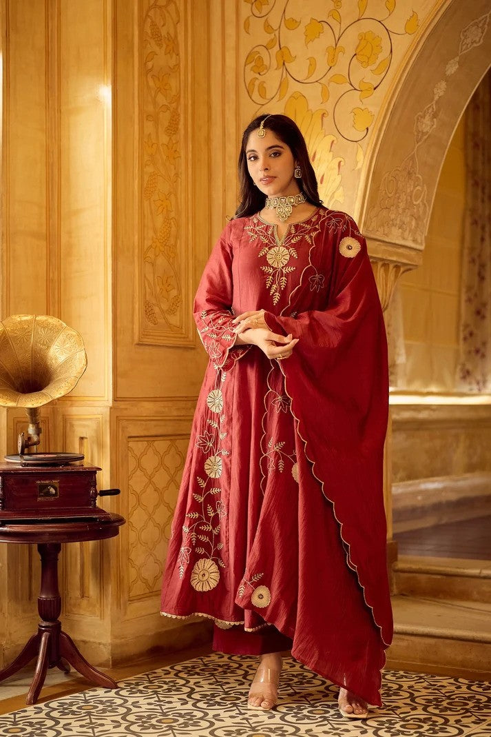 Women Royal Chanderi Anarkali Set - Crimson Red