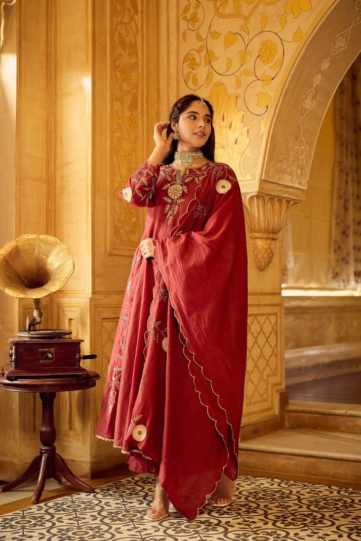Women Royal Chanderi Anarkali Set - Crimson Red