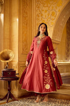 Women Royal Chanderi Anarkali Set - Crimson Red