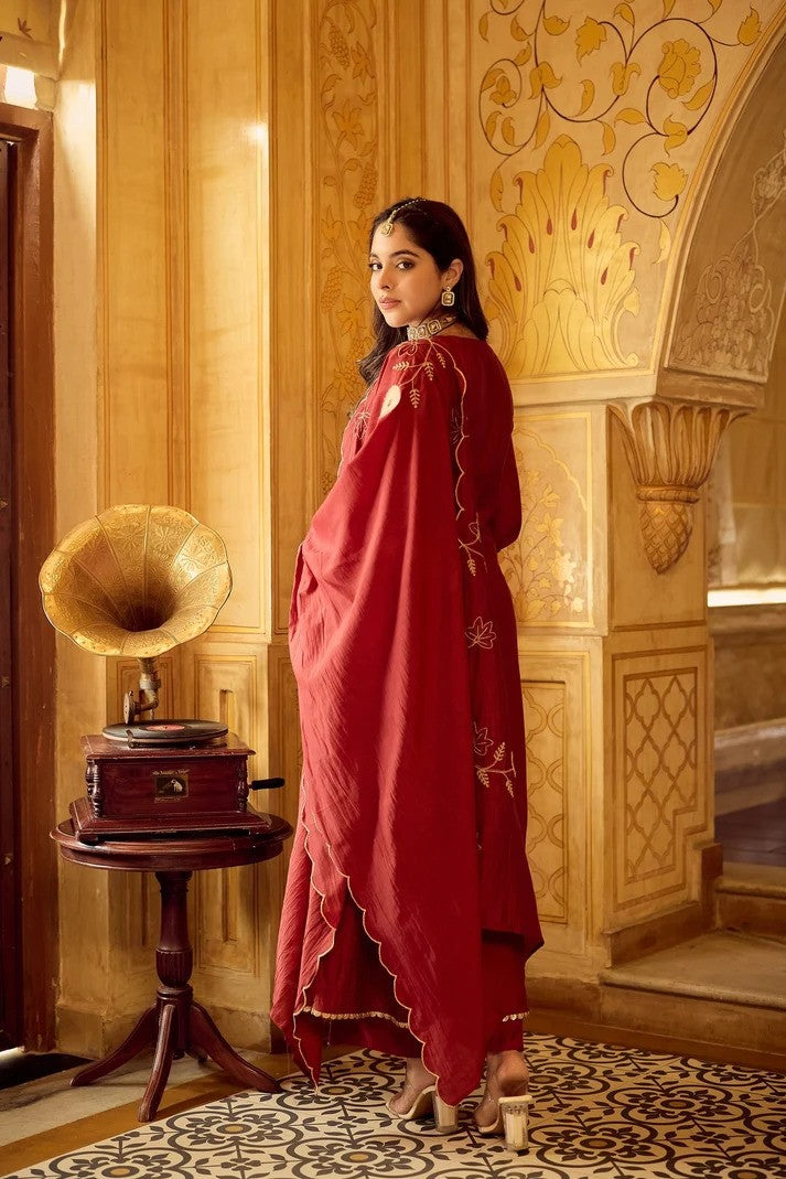 Women Royal Chanderi Anarkali Set - Crimson Red