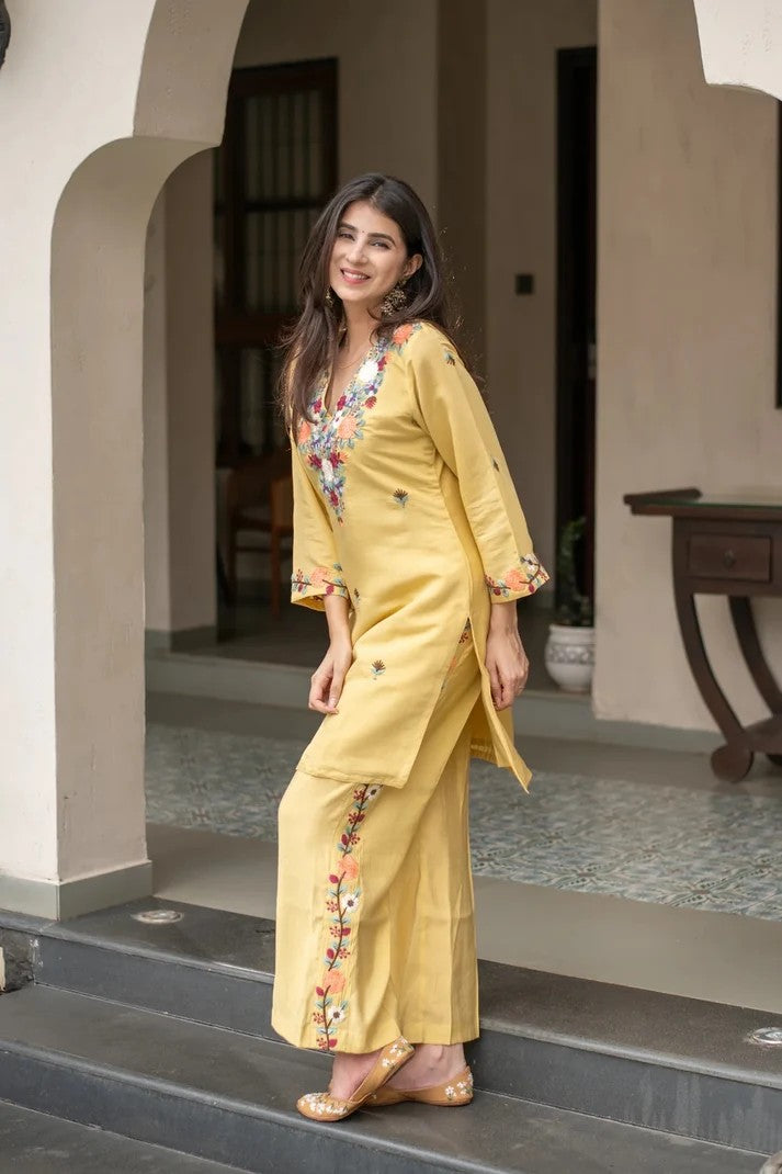 Women Yellow Embroidered French Crepe Kurta Set