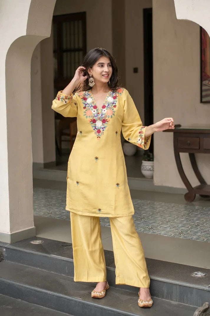 Women Yellow Embroidered French Crepe Kurta Set