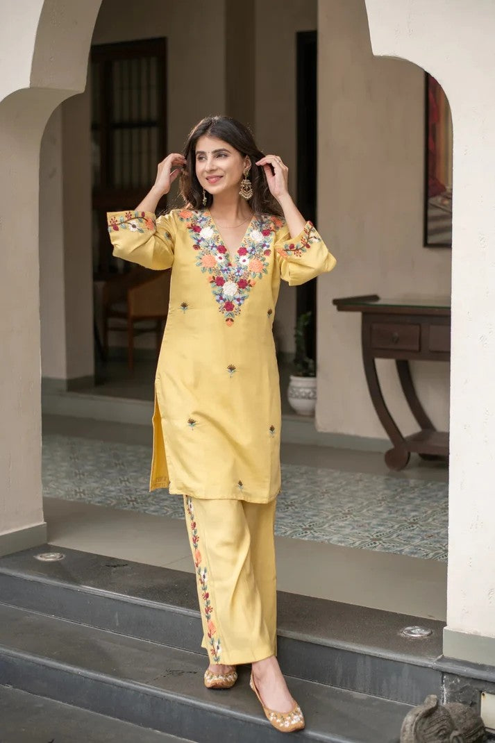 Women Yellow Embroidered French Crepe Kurta Set