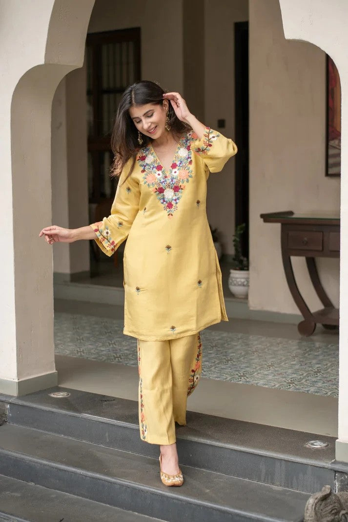 Women Yellow Embroidered French Crepe Kurta Set