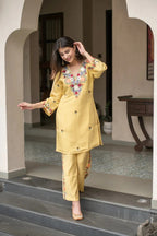 Women Yellow Embroidered French Crepe Kurta Set
