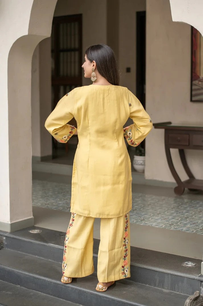 Women Yellow Embroidered French Crepe Kurta Set