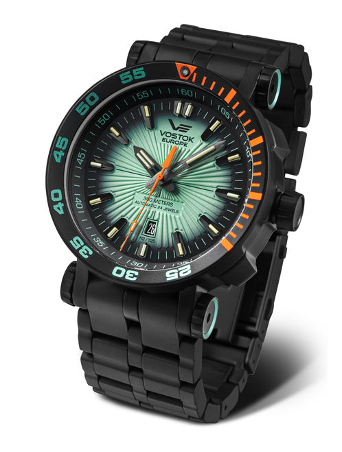 A Explorer men's watch featuring a black stainless steel case and link bracelet, a black bezel with a green and orange tachymeter scale, and a textured green sunburst dial with orange and white hands.