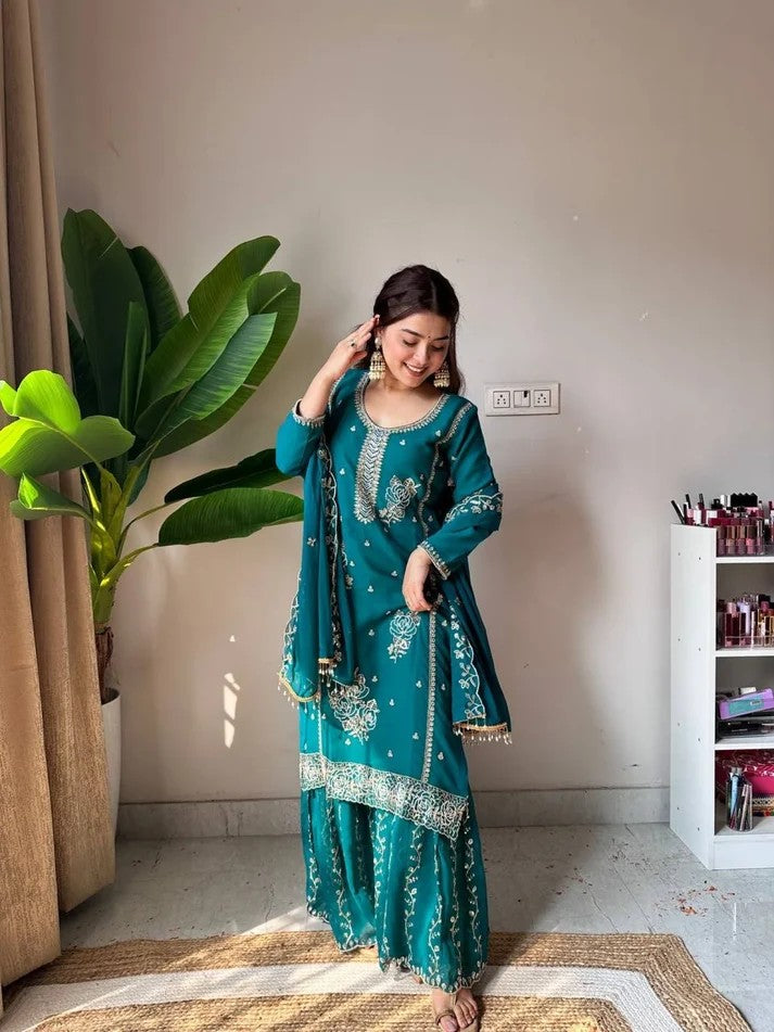Women Ethnic Embroidered Thread Work Kurta Sharara Set