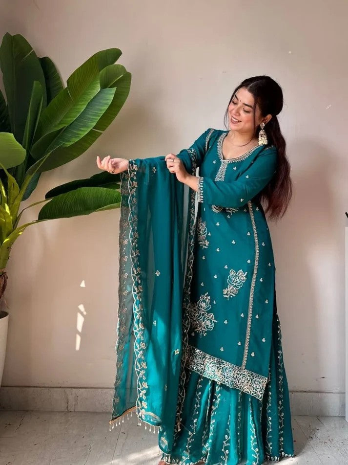 Women Ethnic Embroidered Thread Work Kurta Sharara Set