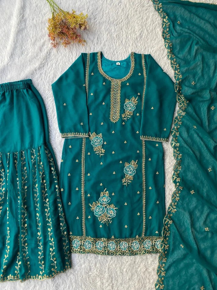 Women Ethnic Embroidered Thread Work Kurta Sharara Set