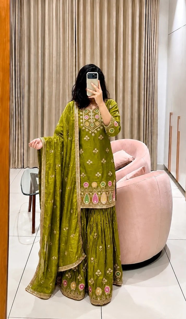 Women Pure Fendy Silk Embroidered Sharara Set
