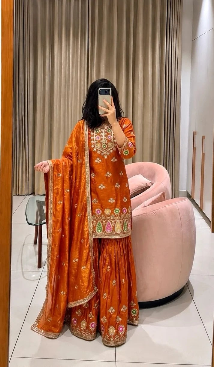 Women Pure Fendy Silk Embroidered Sharara Set