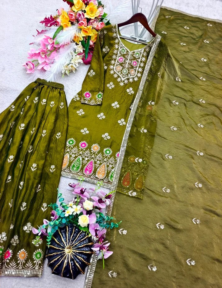 Women Pure Fendy Silk Embroidered Sharara Set