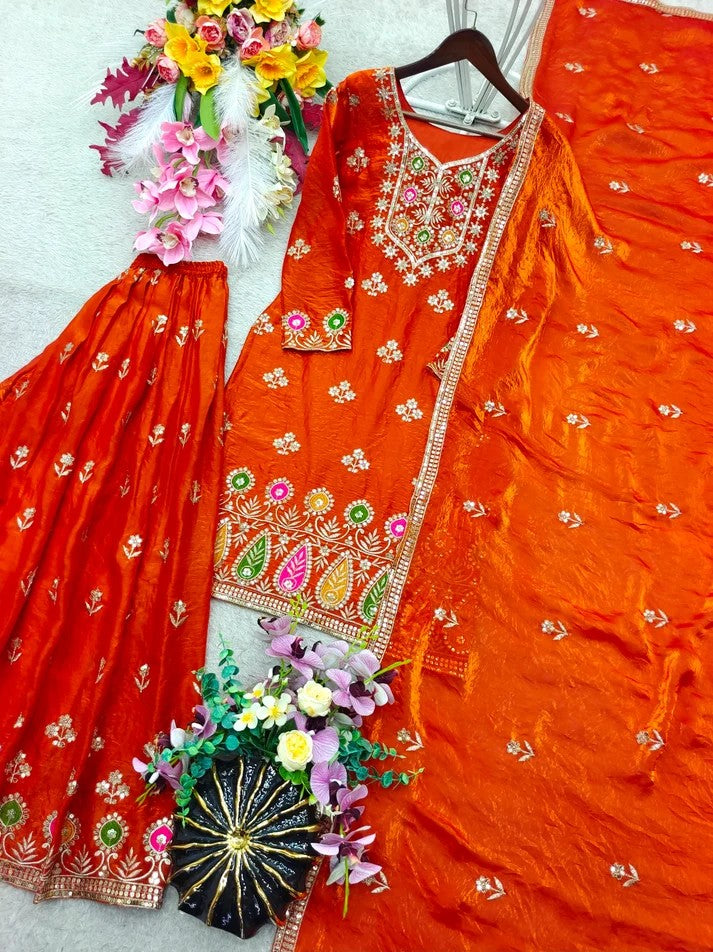 Women Pure Fendy Silk Embroidered Sharara Set