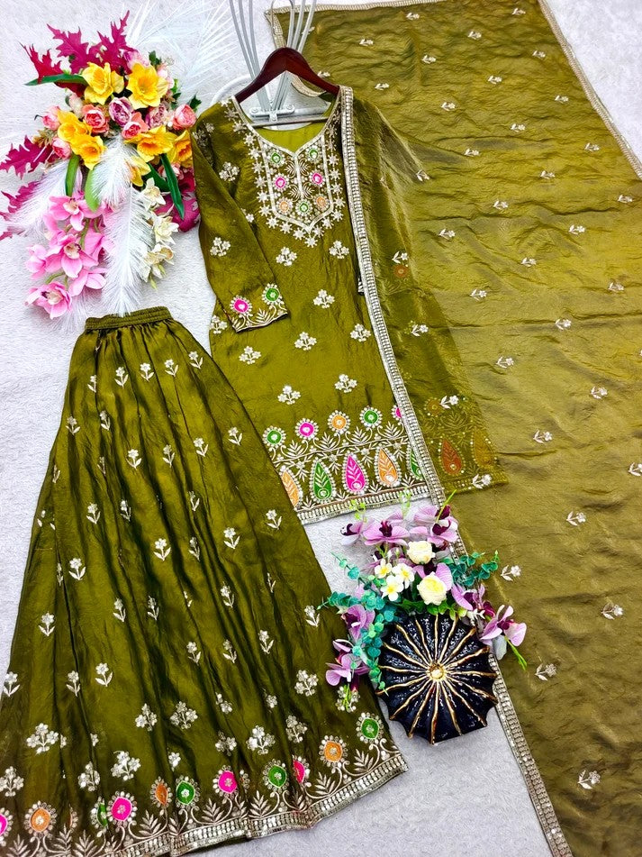 Women Pure Fendy Silk Embroidered Sharara Set
