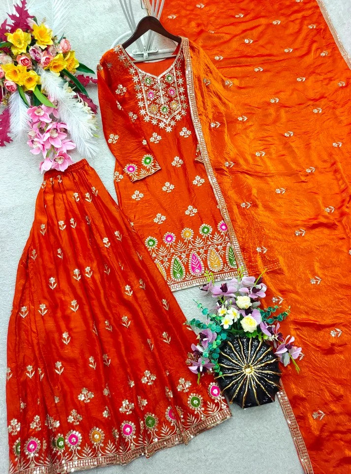 Women Pure Fendy Silk Embroidered Sharara Set