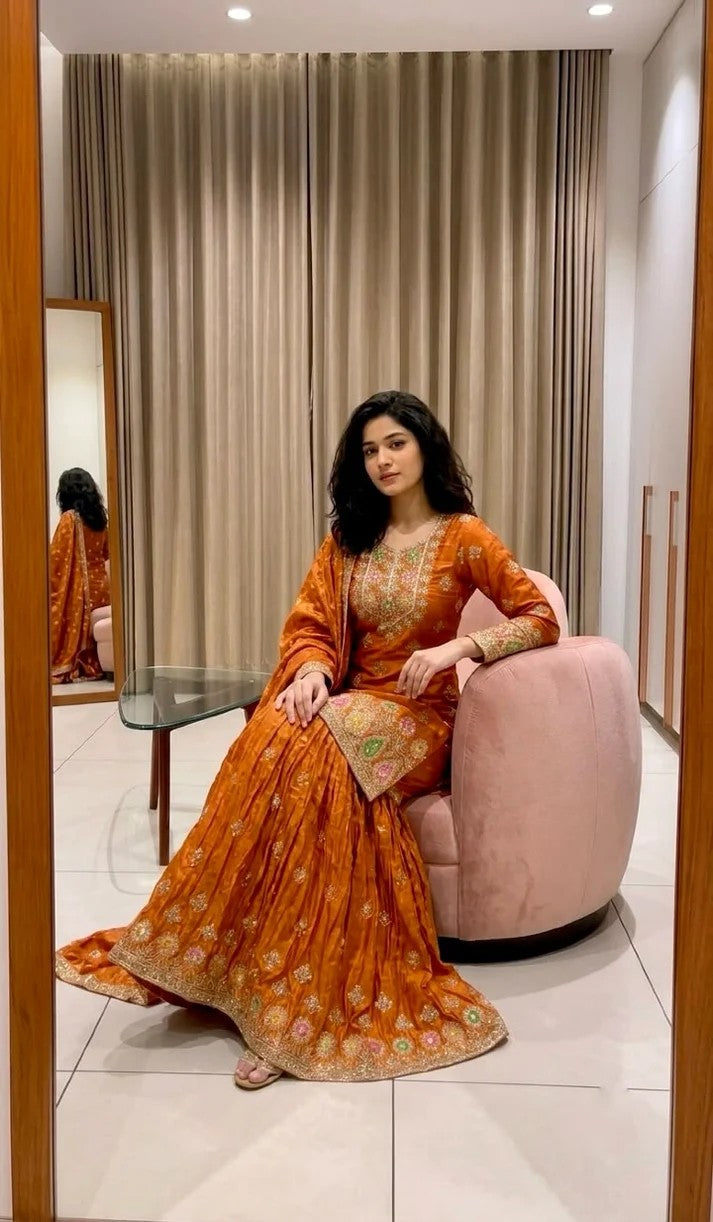 Women Pure Fendy Silk Embroidered Sharara Set