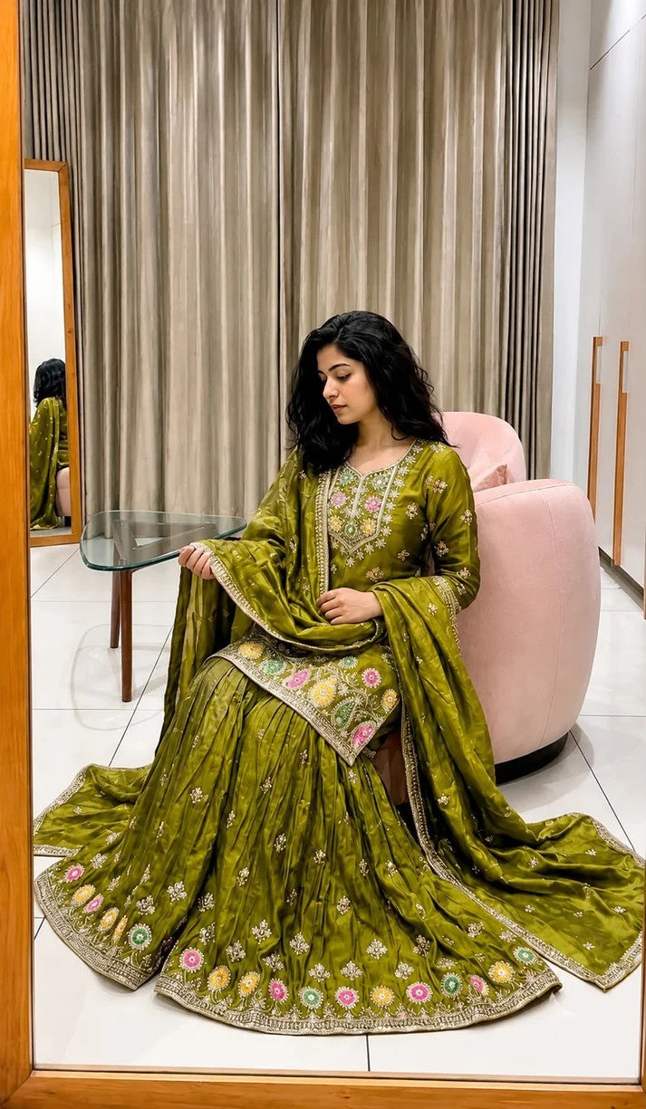 Women Pure Fendy Silk Embroidered Sharara Set